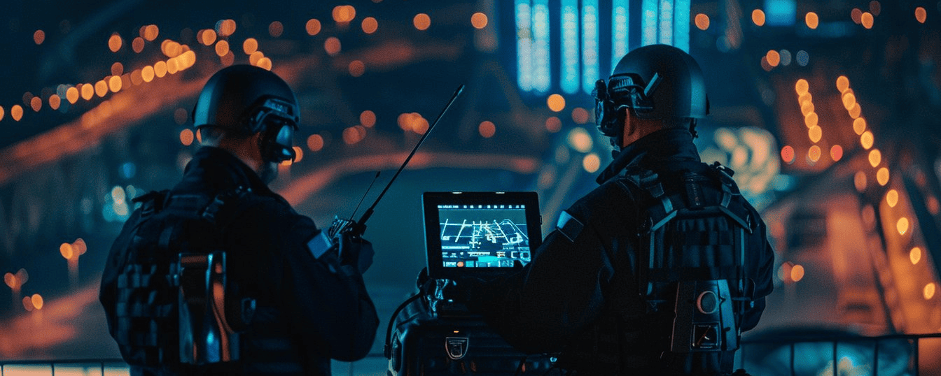 Два бойца с антидроновым оборудованием на крыше ночью — Sky Shield
